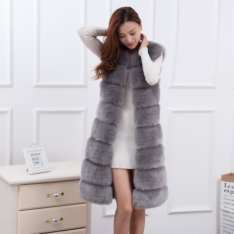 Elegant Faux Fox Fur Vest Women's Winter Warm Long Sleeveless Jacket Chic Layering Piece For Office & Occasions_ecoleips.com