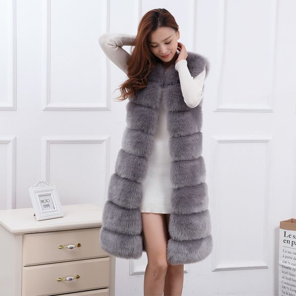 Elegant Faux Fox Fur Vest Women's Winter Warm Long Sleeveless Jacket Chic Layering Piece For Office & Occasions_ecoleips.com