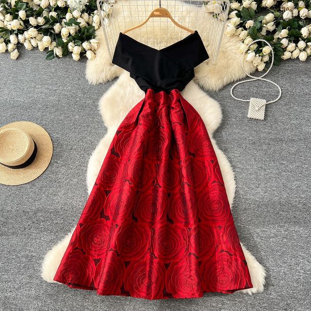 Women's Clothing Skirt Off-shoulder Stitching Waist Jacquard Large Puff Dress_ecoleips.com
