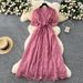 French Style High-End Elegant Dress for Women Summer Fashion Tie Waist Single-Breasted Embroidered Mesh Long Dress_ecoleips.com