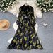 Retro Print Stand Collar Long Sleeve Dress Korean Style Slim Fit Waist Cinching A Line Elegant Long Dress For Women Summer Commuting_ecoleips.com
