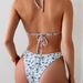 Women White Blue Ditsy Floral 2 Piece Bikini Set Halter Back Tie Scalloped Edge Mini Bow High Cut Cheeky Bathing Suit Summer Beach Swimwear_ecoleips.com