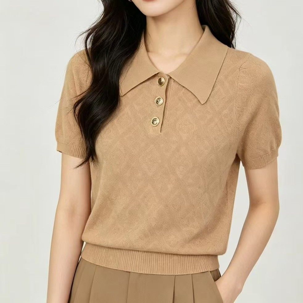 Women's Clothing Luxury Jacquard Knit Polo Shirt - Elevated Classic With Subtle Monogram Design_ecoleips.com