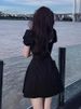 Elegant Hepburn Style Little Black Dress For Women, Summer New French Retro Square Neck Puff Sleeve Waist-Cinching_ecoleips.com