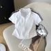Women's Slimming Short T-Shirt Summer Sporty Zip up Top Black White Color Block Stripes in Stock Real Photos_ecoleips.com