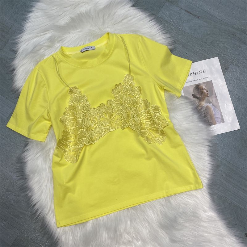 Women's Clothing Fashion T Shirts Lace Suspenders Two Piece Short Sleeved Loose Tops_ecoleips.com