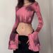 Factory Direct Sale European And American Cross-border Autumn Slim-fit Mesh Printed Bell-sleeve Patchwork Cropped_ecoleips.com