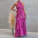 Sexy Lady Halter Sleeveless Evening Dress Casual Ruffle Pleated Solid Color Long Dress Fashion Summer Sleeveless Holiday Dresses_ecoleips.com