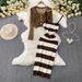 Women's Clothing V Neck Hollow Knitted Long Sleeved Sunscreen Cardigan Short Jacket Striped Temperament Suspender Dress Set_ecoleips.com