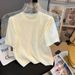 Women's Vintage round Neck Short Sleeve Knit Top Beaded Blouse Soft Colors Beige Blue Pink Black White Yellow Green Elegant_ecoleips.com