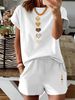 Summer New White Heart-shaped Pattern T-shirt, Casual Printed Round Neck Short Sleeved Top With Elastic Waist Pocket, Women's Two-piece Set-282_ecoleips.com