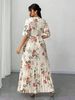 Plus-size Elegant Dress, Summer Fashion Women's Wear, Elegant And Romantic Floral Print Skirt, Short-sleeved V-neck Pleated Flowing Long Skirt, Suitable For Daily Commutes Or Party/wedding Guests, Casual Vacations._ecoleips.com