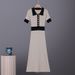 Women's French Retro Color Blocked Polo Collar Short Sleeve Knit Dress Summer Style Fitted Sweater_ecoleips.com