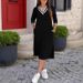 Women's Summer V Neck Long Sleeve Dress Loose Fitting Simple Design With Slit Hem_ecoleips.com