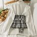 Women's Clothing Retro Contrast Color Stitching Tweed Two Piece Blouse Autumn High Waist Strap Slim Fit Lapel Long Sleeve Top_ecoleips.com