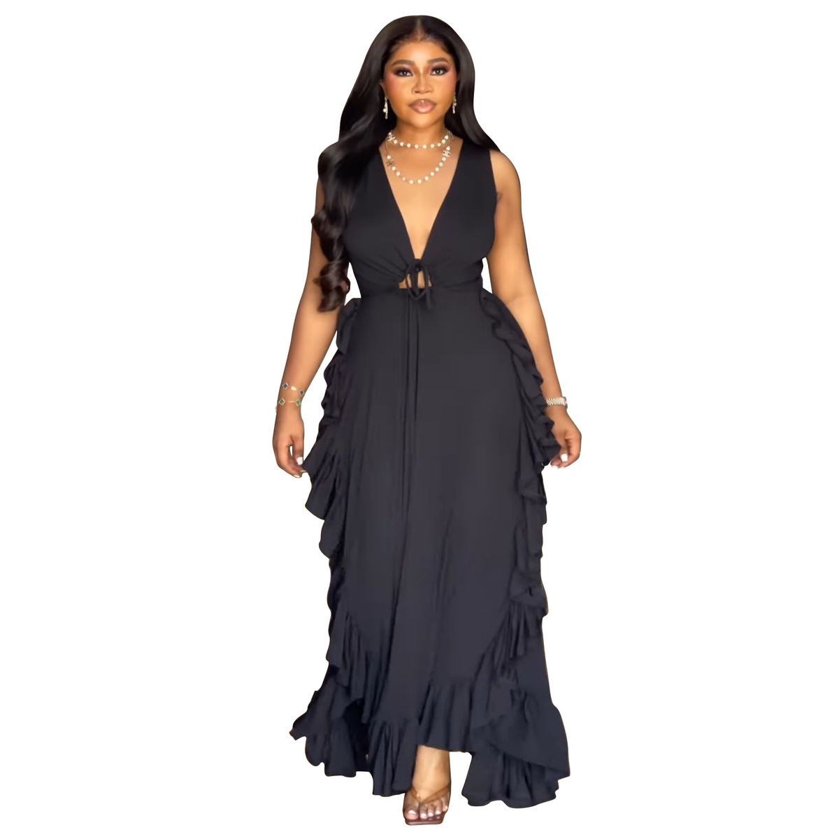 Sexy Off-the-shoulder Temperament Ruffle Edge High Waist Exposed Umbilical Suspender Large Size Dress_ecoleips.com