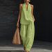 Women's Halter V-Neck Sleeveless Pant Set Casual Mid-Waist Full-Length Polyester Suit For Spring/Autumn Summer_ecoleips.com