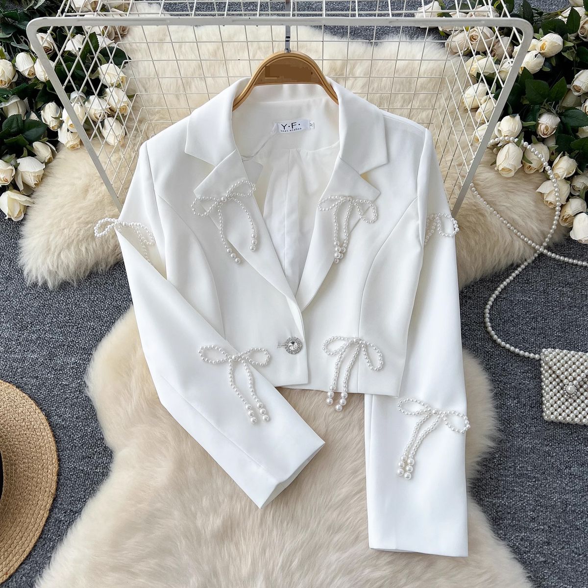 Women's Clothing High Class Lady Style Pearl Bow Short Jacket_ecoleips.com