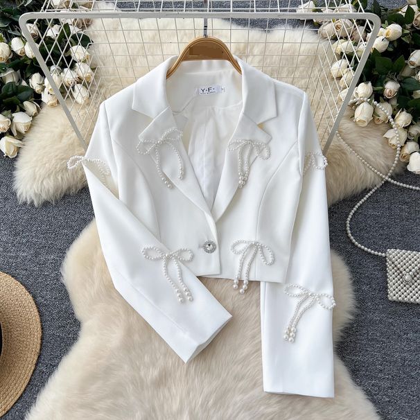 Women's Clothing High Class Lady Style Pearl Bow Short Jacket_ecoleips.com