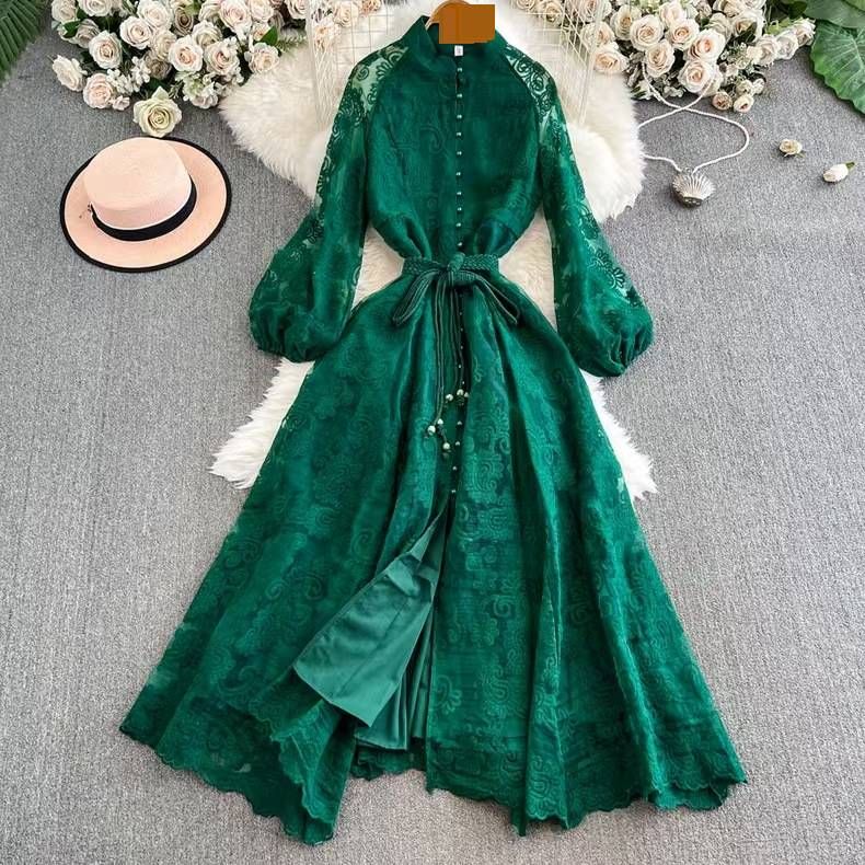 "Elegant Stand-Up Collar Floral Embroidery Dress With Lantern Sleeves & Tie Waist – Vintage-Inspired Long Dress For Women"_ecoleips.com