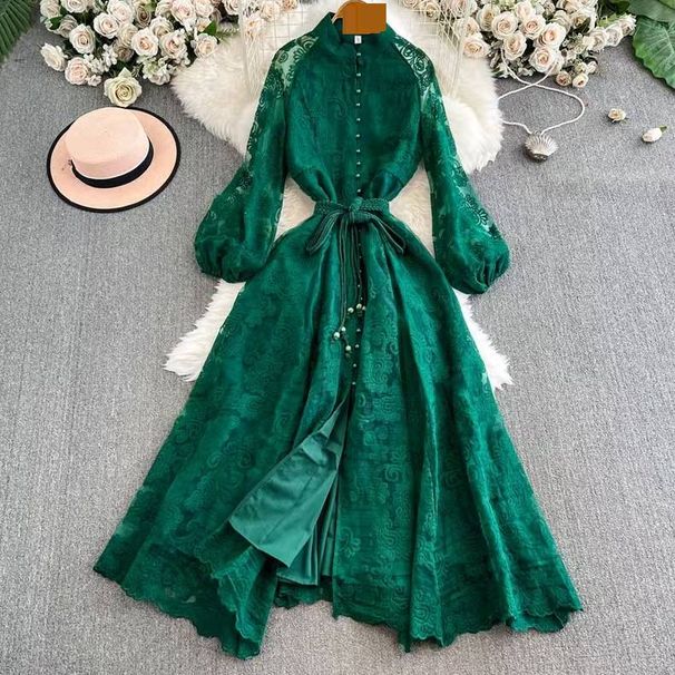 "Elegant Stand-Up Collar Floral Embroidery Dress With Lantern Sleeves & Tie Waist – Vintage-Inspired Long Dress For Women"_ecoleips.com