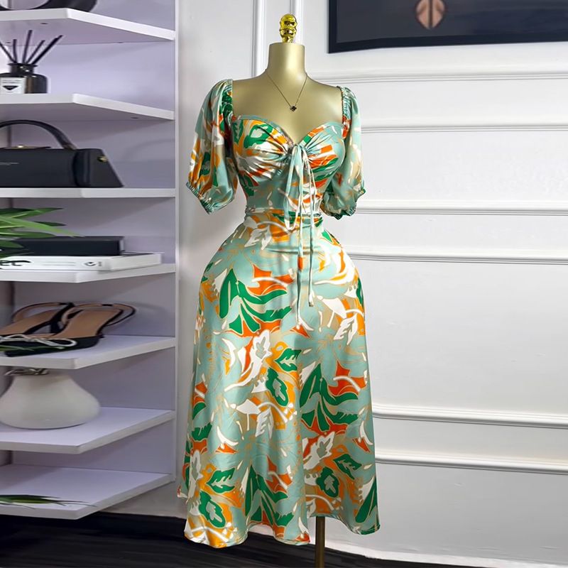 Women's Clothing Summer New Sweet And Fresh Print Puff Sleeve Square Collar High Waist Slim Dress Long Skirt_ecoleips.com