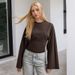 Women's Solid Color Round Neck Slim Fit Long Sleeve Top With Flared Sleeves - Comfortable & Stylish Casual Blouse For Everyday Wear_ecoleips.com