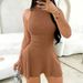 Brown Sleeveless Mini Dress Women's Mock Neck Sundress Flared Stretchy Ribbed Knit A-Line Casual Summer Party Vacation Dress_ecoleips.com