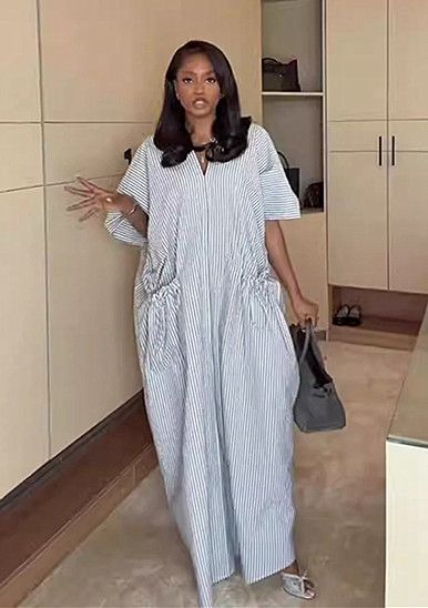 Plus Size African Print V-Neck Maxi Dress - Flowy Bohemian Stripe Tunic For Women, Loose Fit Long Dress With Elastic Waist_ecoleips.com