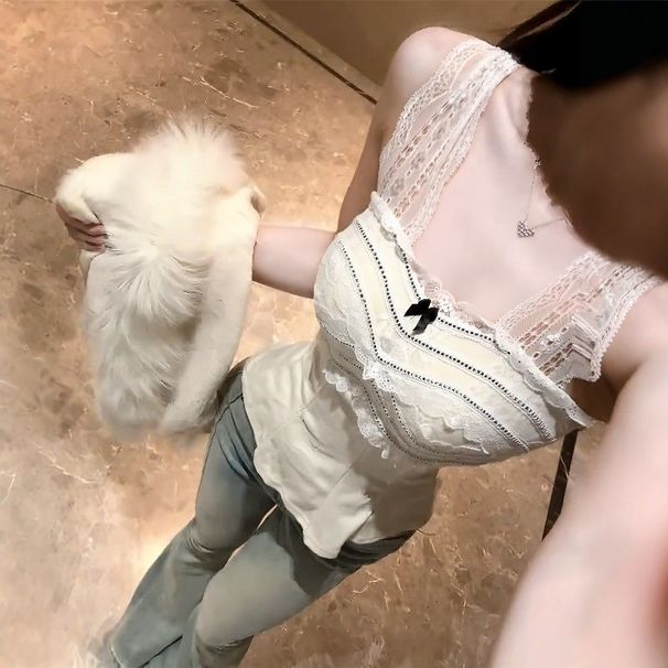 French-style Lace Spliced Bow Contrast Color Camisole Women, Sweet Slimming, Versatile Base Top For Autumn And Winter_ecoleips.com