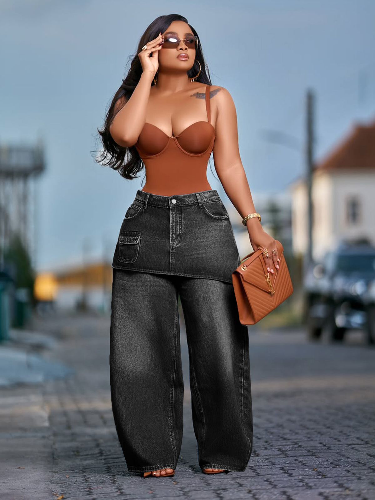 Women's High-Waisted Flare Pants, Retro American Style False Two-Piece Wide-Leg Jeans_ecoleips.com