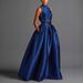 Women's Clothing Fashion Back Pleated Dress Pocket Suspenders Satin Blue Evening Gown Dress_ecoleips.com