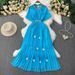 Women's Clothing Heavy Diamond Studded Three Dimensional Flower Round Neck Dress With Waist Pleated Elegant Long Dress_ecoleips.com