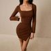 Voya Fashion Square Neck Flared Sleeve Slim Fit High Waist Side Slit Short Brown Ruched Design Dress_ecoleips.com