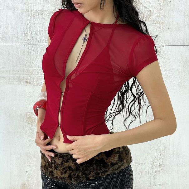 Retro Sexy Hollowed out Short Sleeve Top for Women Summer Pure Color Slimming Waist American Tie T-Shirt Black_ecoleips.com