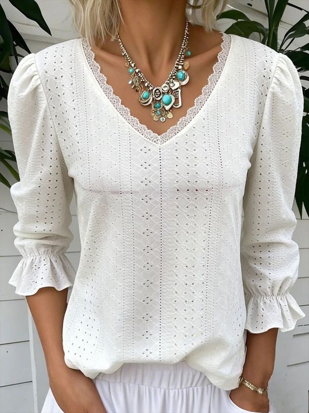 2026 Spring New Cross-Border European And American V-Neck Hollow Casual Mid-Sleeve Blouse Women's Shirt_ecoleips.com