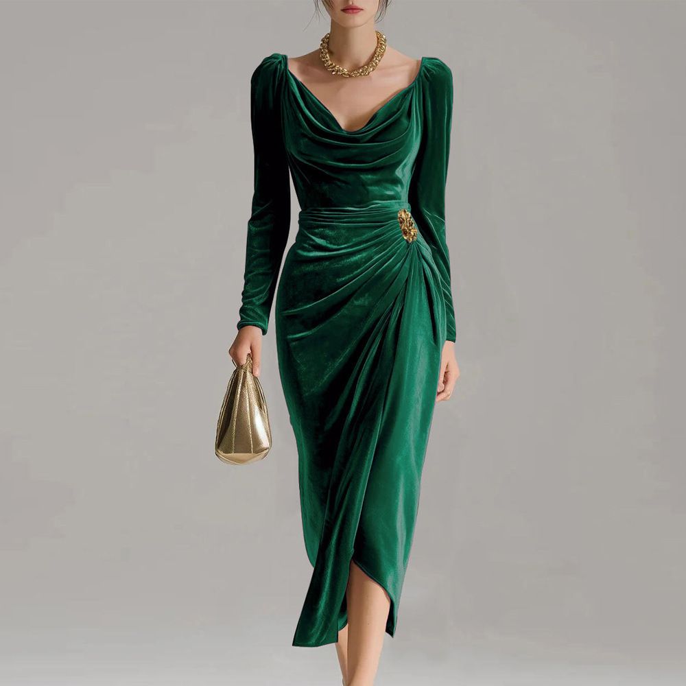 Velvet Wrap Dress With Thigh Slit – Women’s Slim-Fit Long Sleeve Bodycon Dress With Ruffle Details (Black/Red/Burgundy, S-XXL)_ecoleips.com