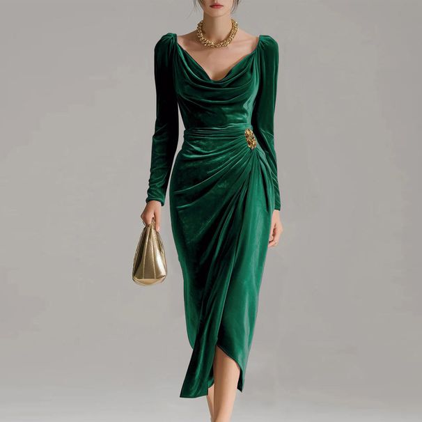 Velvet Wrap Dress With Thigh Slit – Women’s Slim-Fit Long Sleeve Bodycon Dress With Ruffle Details (Black/Red/Burgundy, S-XXL)_ecoleips.com