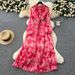 Women's Clothing Temperament Dress Strap Waist Three Dimensional Flower Lantern Sleeves Printed Long Dress_ecoleips.com