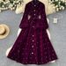 Elegant French Retro Velvet Dress With Embellished Beading, High Neck, Lantern Sleeves, Lace-Up Waist & Flared Hem_ecoleips.com