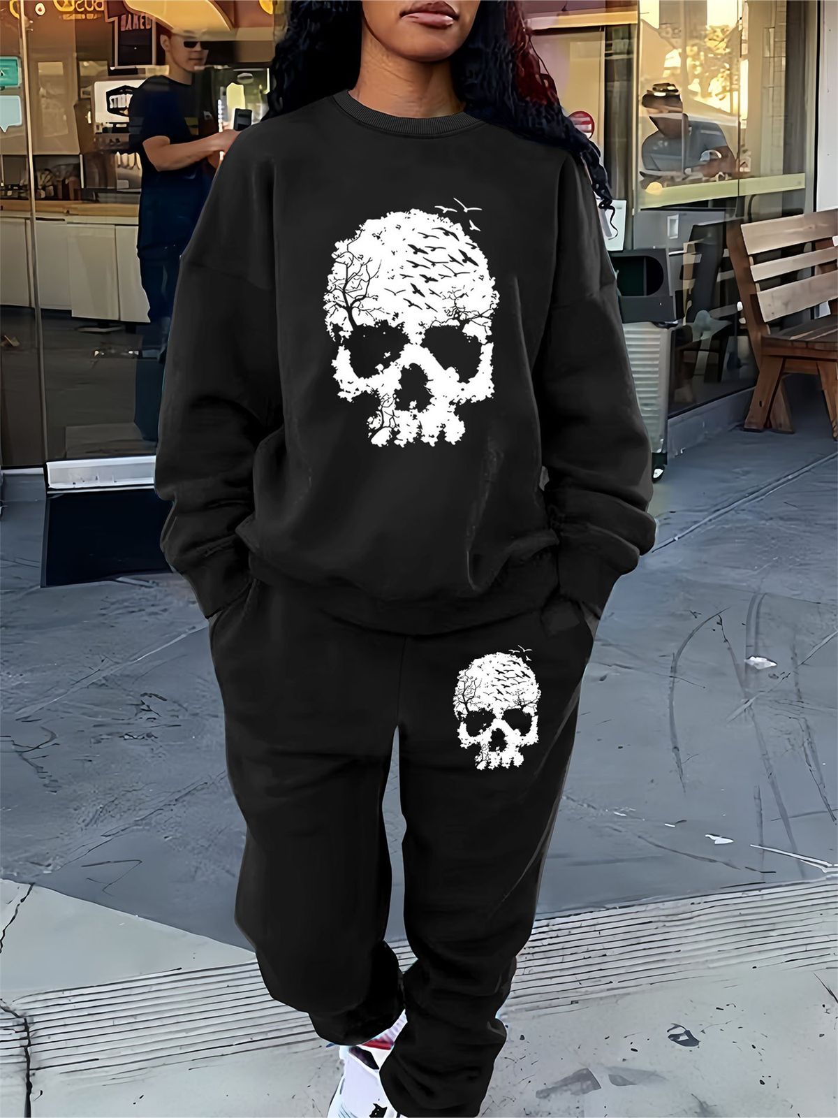 Women's Autumn And Winter Hip-hop Casual Street Fashion Skull Pattern Printed Round Neck Sports Shirt+sports Pants Warm Set-666_ecoleips.com