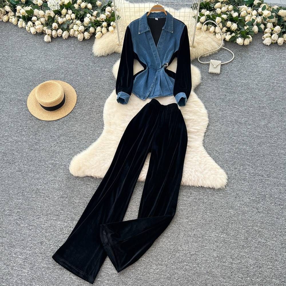 Elegant Slim-Fit Denim Two-Piece Set for Women Blue & Black Colorblock Jacket And Pants Casual Wear for Spring And Fall_ecoleips.com