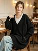 Black Deep V Multi Pocket Pit Rib Knit Tunic Sweater, Oversized Loose Lightweight Breathable Soft Skin-touch Long Sleeve Pullover_ecoleips.com