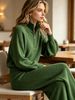 Women Ribbed Knit 2 Piece Tracksuit, Loose Lightweight Hollow Eyelet Skin Friendly Half Zip Long Sleeve Top Wide Leg Pants Set_ecoleips.com