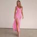 European And American Cross-border Women's Clothing 2025 Summer New Fashion V-neck Strap Ruffle Slit Slim-fit Dress_ecoleips.com