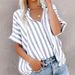 Women's Clothing Spring And Summer Casual Loose Two Color Striped Cardigan Short Sleeved Shirt_ecoleips.com