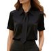 Women's Casual Short Sleeve Solid Color Shirt With Tie - Breathable Polyester, Comfort Fit, Versatile For Work & Leisure (Black/White/Pink/Khaki)_ecoleips.com