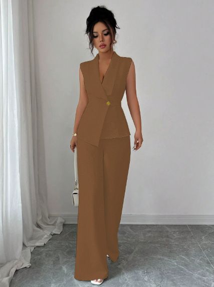 Spring Elegant Style Solid Color Commuter Vest Business Daily Straight Pants Set_ecoleips.com