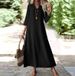 This Three-Quarter Sleeve Dress With A Zipper At The Back, Made Of Cotton And Linen In Solid Color And Fashionable_ecoleips.com