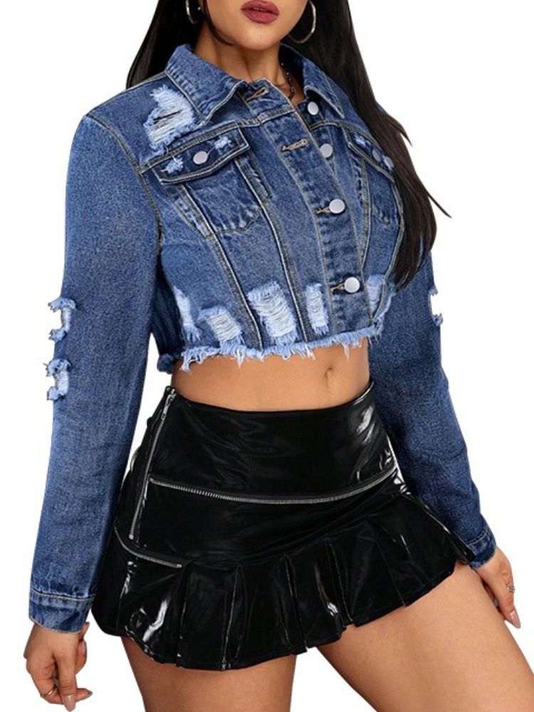 K Women's New Denim Fashion Style Ripped Tassel Top Jacket_ecoleips.com